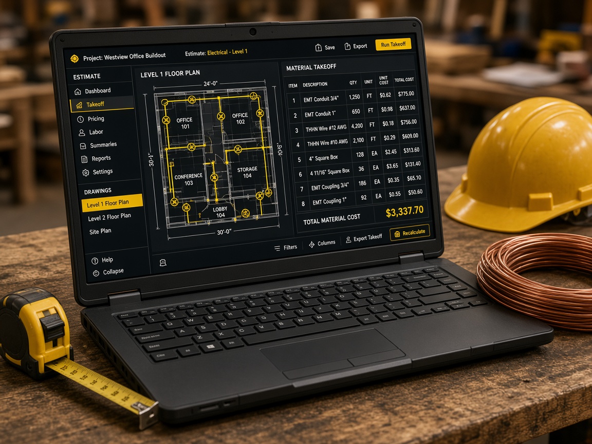Illustration: AI material takeoff with conduit and wire quantities next to an electrical floor plan
